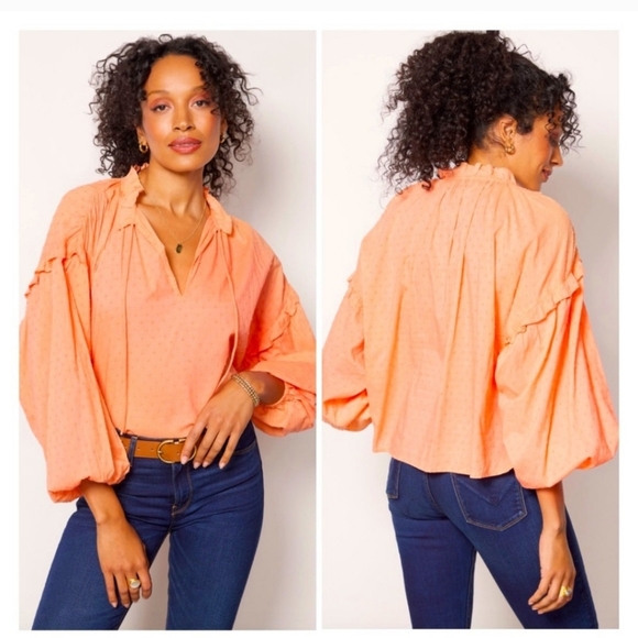 Cleobella Tops - NWT CLEOBELLA Phoenix Coral Blouse Organic Cotton Dobby Split Neck Ruffle Boho